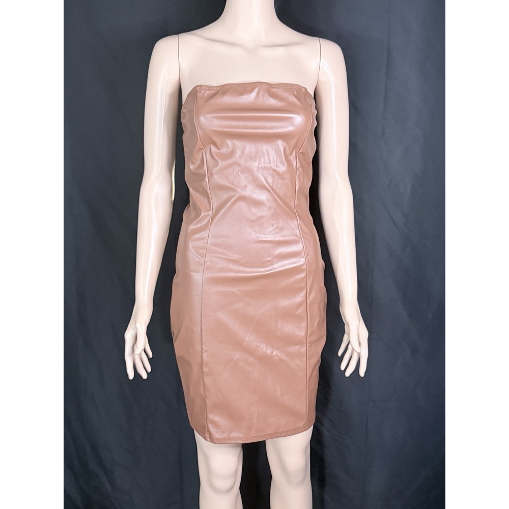 Brown Strapless Bodycon Midi Dress Paneled Seam Bandeau Neck Sz XL